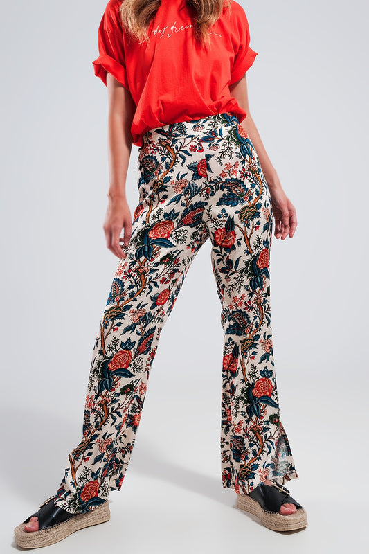 Q2 Pantalones de pernera ancha con estampado de cachemir beige
