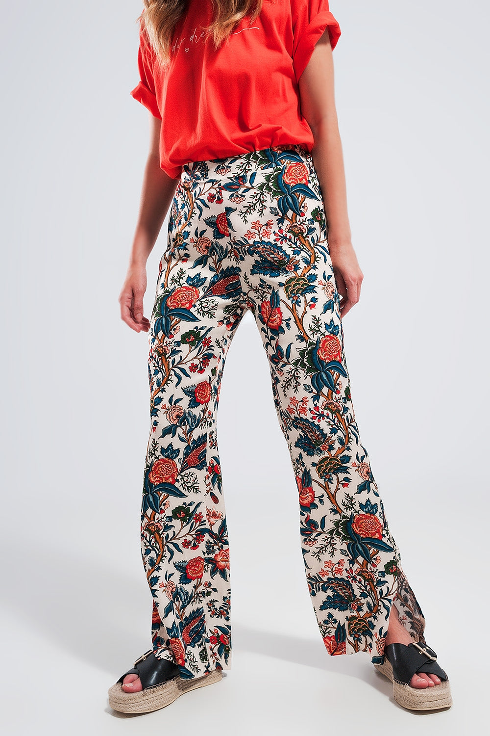 Pantalones de pernera ancha con estampado de cachemir beige Q2