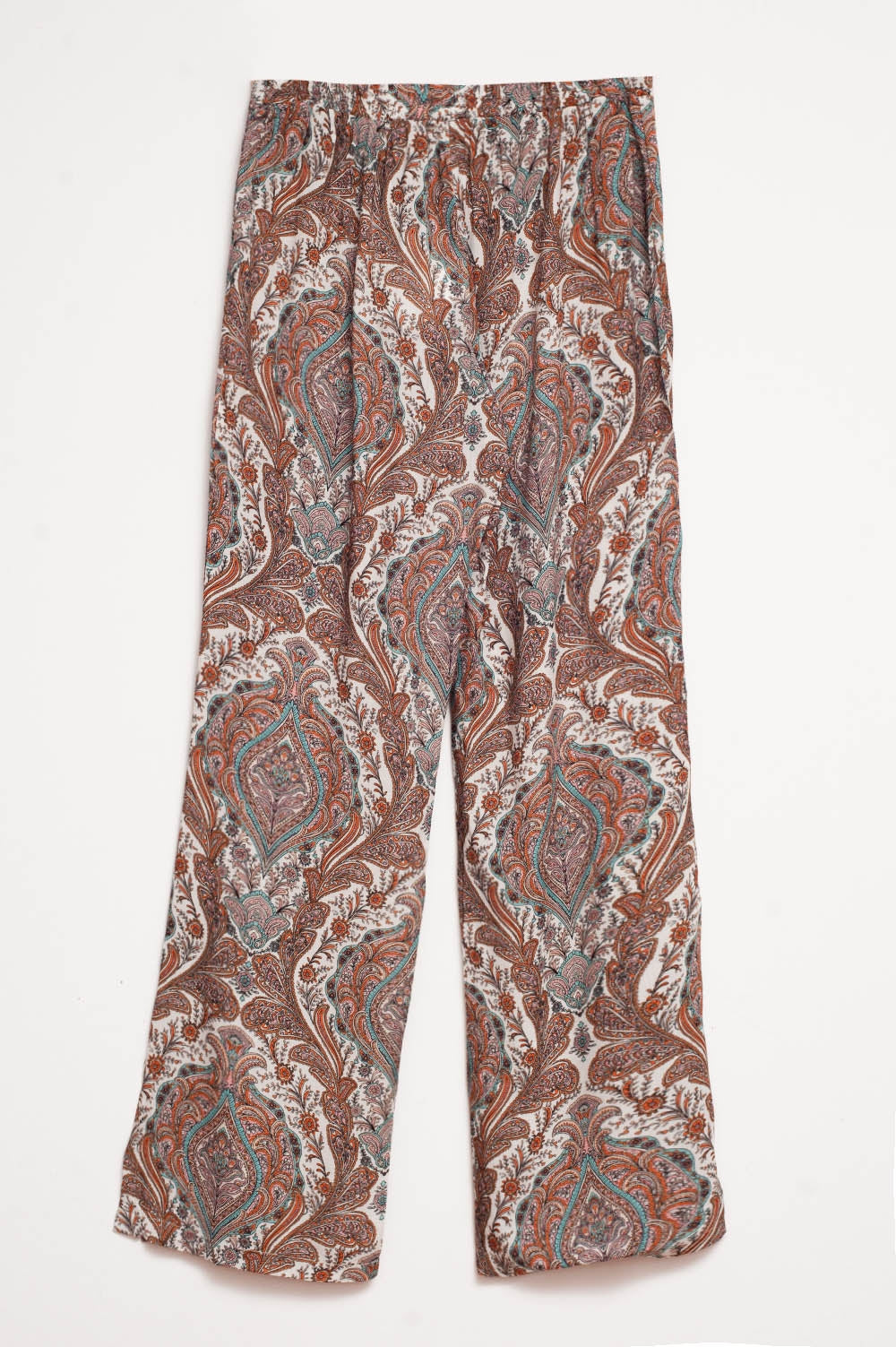 Pantalones de pernera ancha y estampado de cachemir en beige Q2