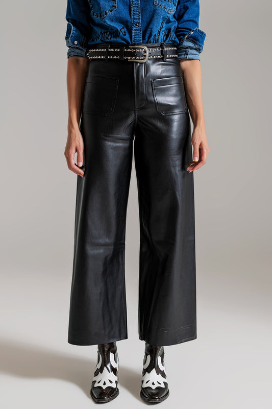Q2 pantalones de piel sintética estilo palazzo negro con detalle de bolsillo