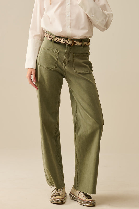 Q2 pantalones de pierna ancha con bolsillos delanteros en color caqui