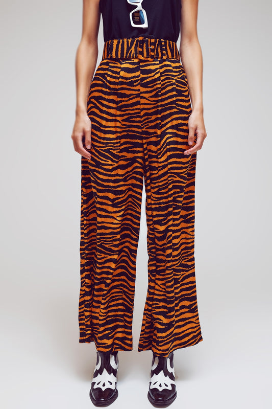 Q2 Pantalones de pierna recta con estampado animal y cinturón ancho con hebilla