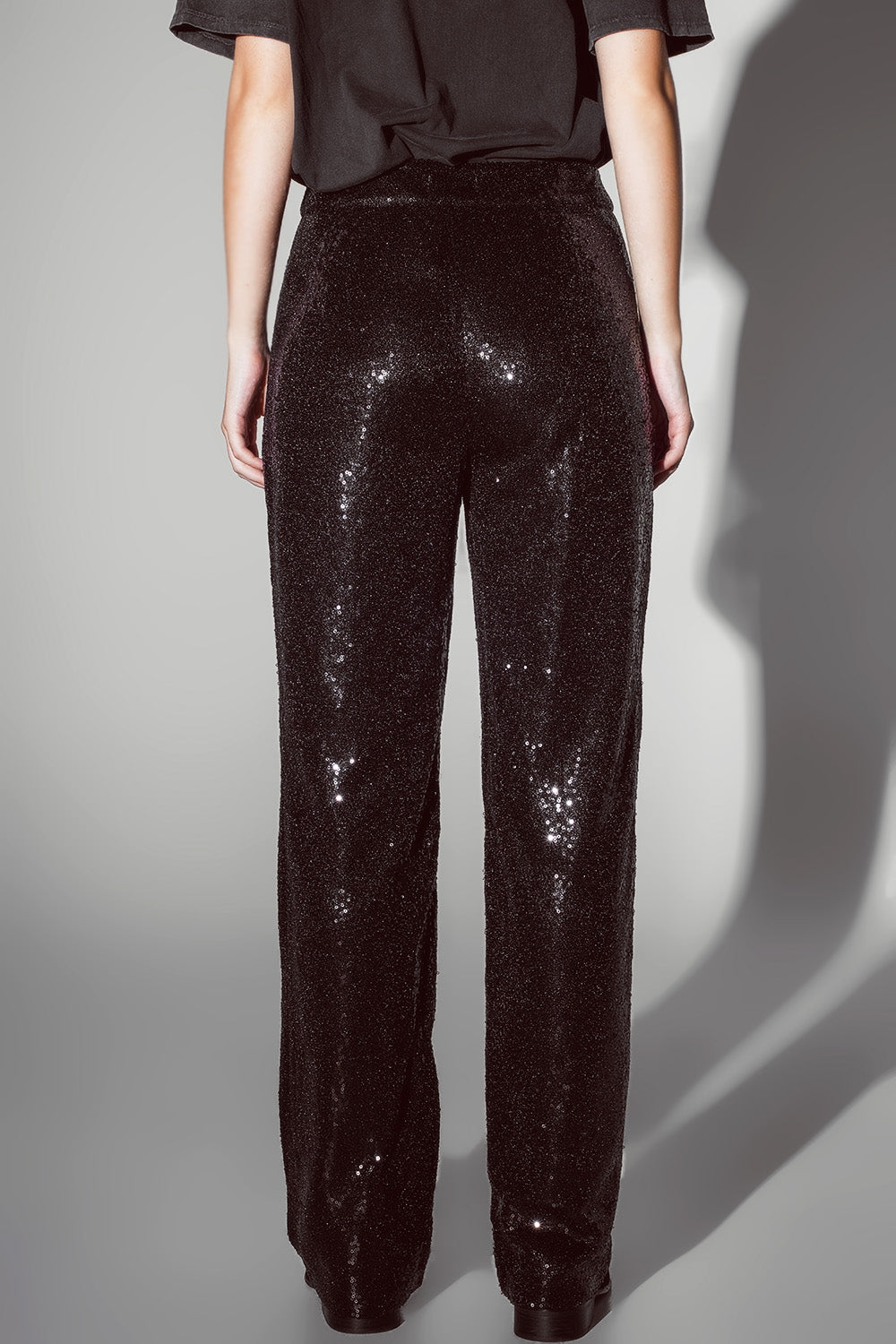 Pantalones de Pierna Recta con Lentejuelas en Negro Q2