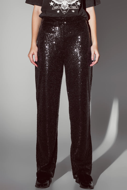 Q2 Pantalones de Pierna Recta con Lentejuelas en Negro