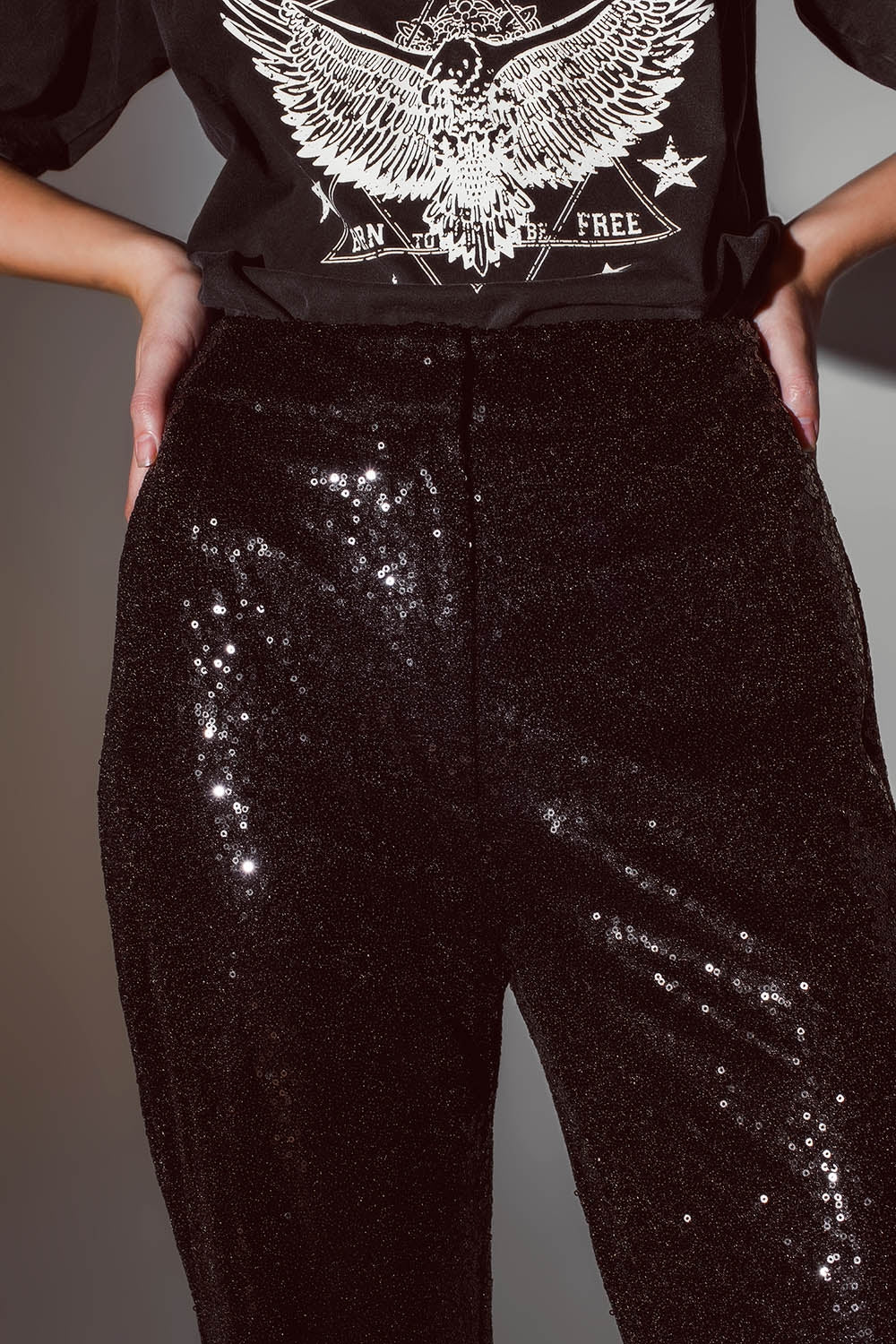 Pantalones de Pierna Recta con Lentejuelas en Negro Q2