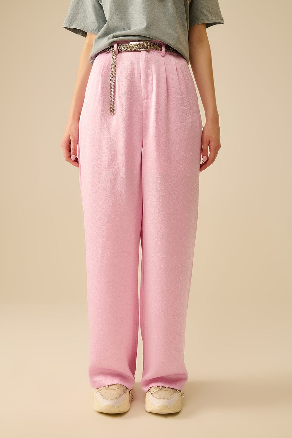 Q2 Pantalones de raso a medida con pernera ancha en rosa
