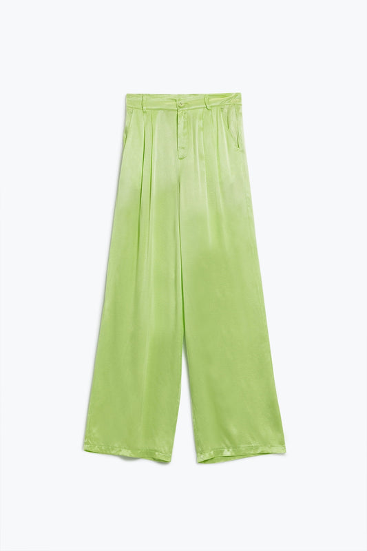 Q2 Pantalones de raso acampanados lima con bolsillos
