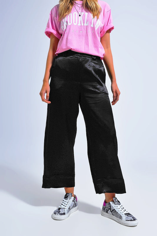 Q2 Pantalones de traje de pernera ancha de satén negros