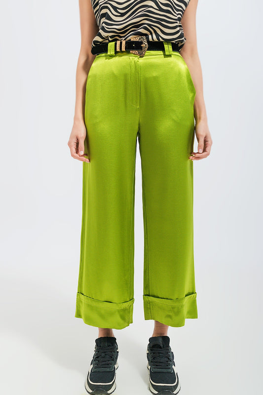 Q2 Pantalones de traje de pernera ancha de satén verdes