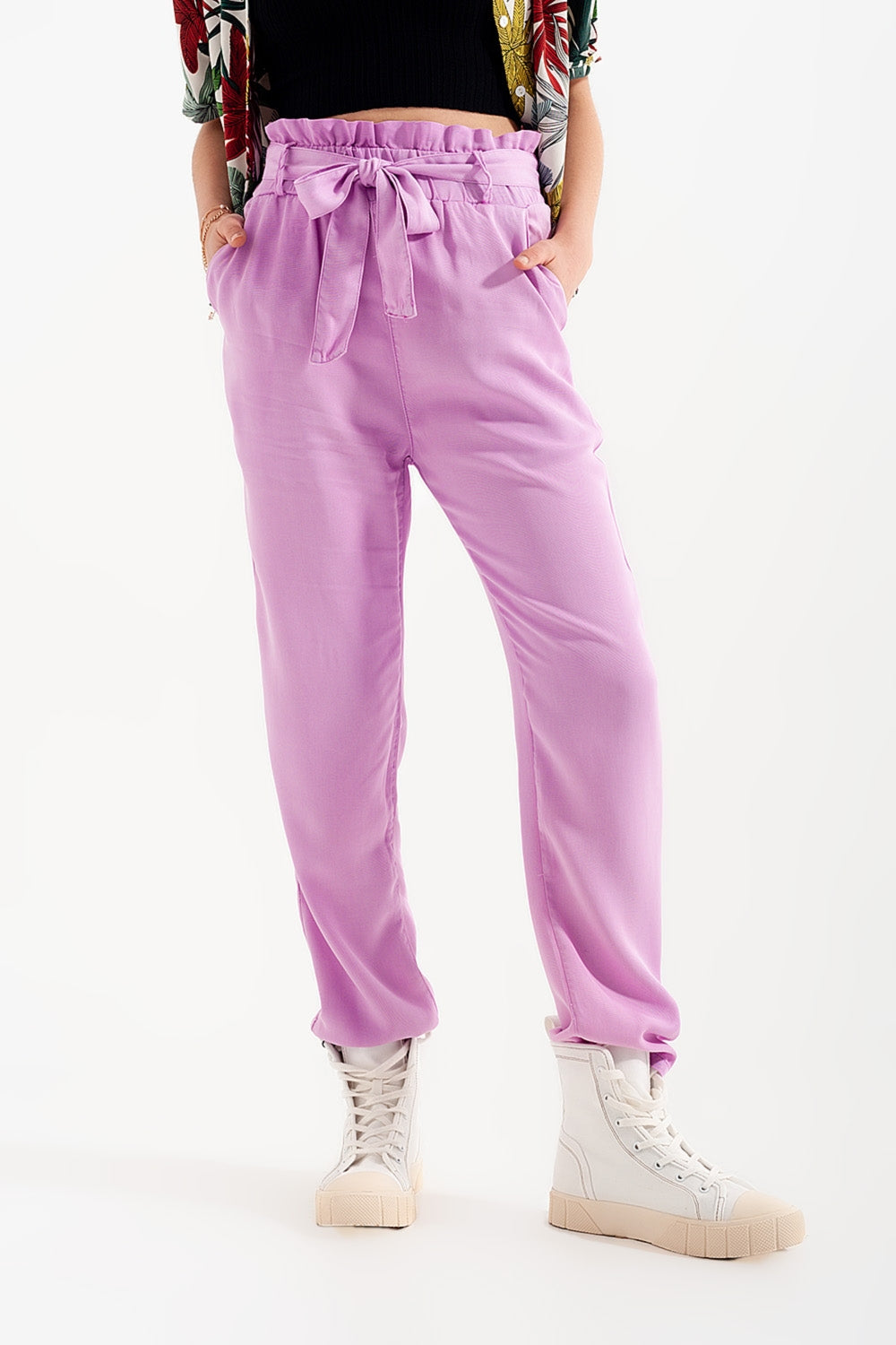 Pantalones finos con lazada en la cintura en morado Q2