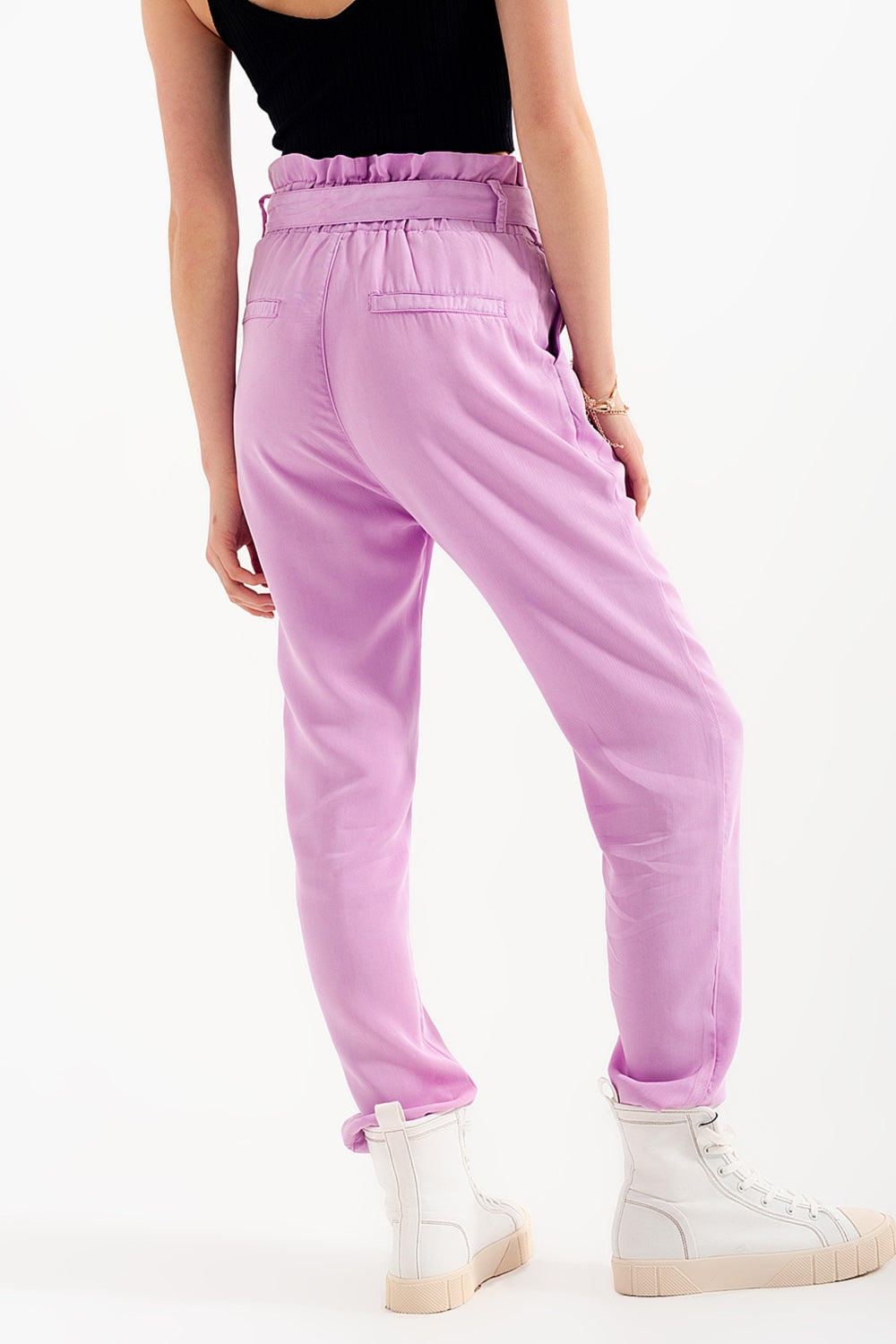 Pantalones finos con lazada en la cintura en morado Q2