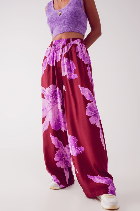 Q2 Pantalones fucsia de pernera recta con estampado de flores abstractas
