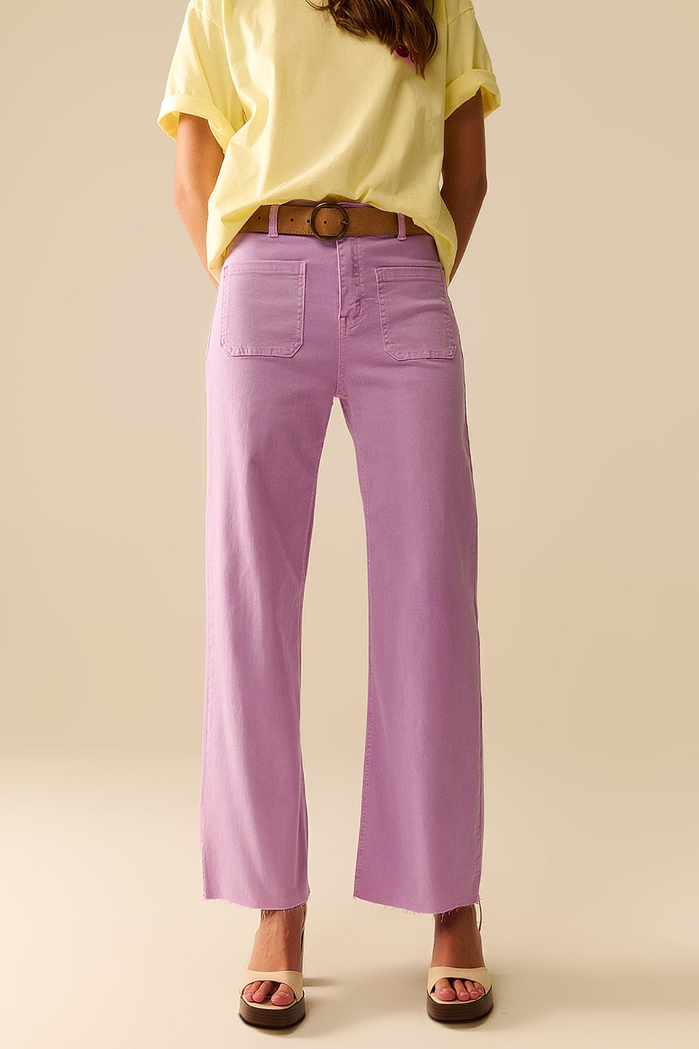 Q2 pantalones lila de pierna recta con bolsillos frontales