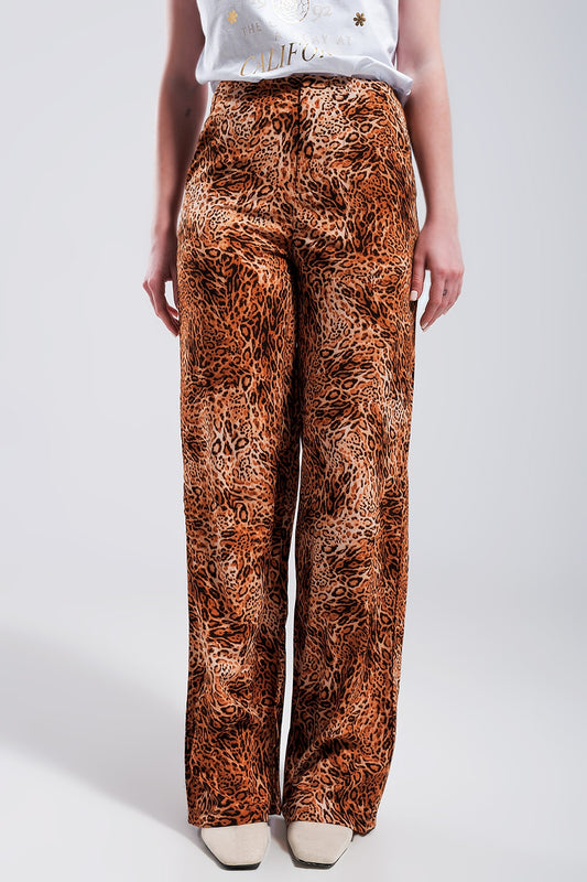 Q2 Pantalones marrones de pernera ancha  con estampado de leopardo de tejido ligero