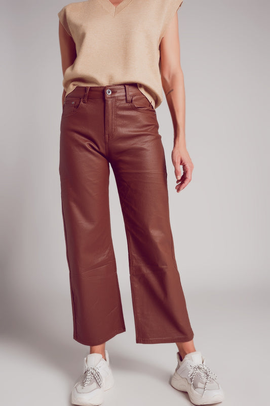 Q2 Pantalones marrones de pernera ancha de cuero sintético