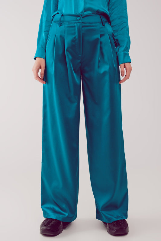 Q2 Pantalones palazzo con pinzas en turquesa