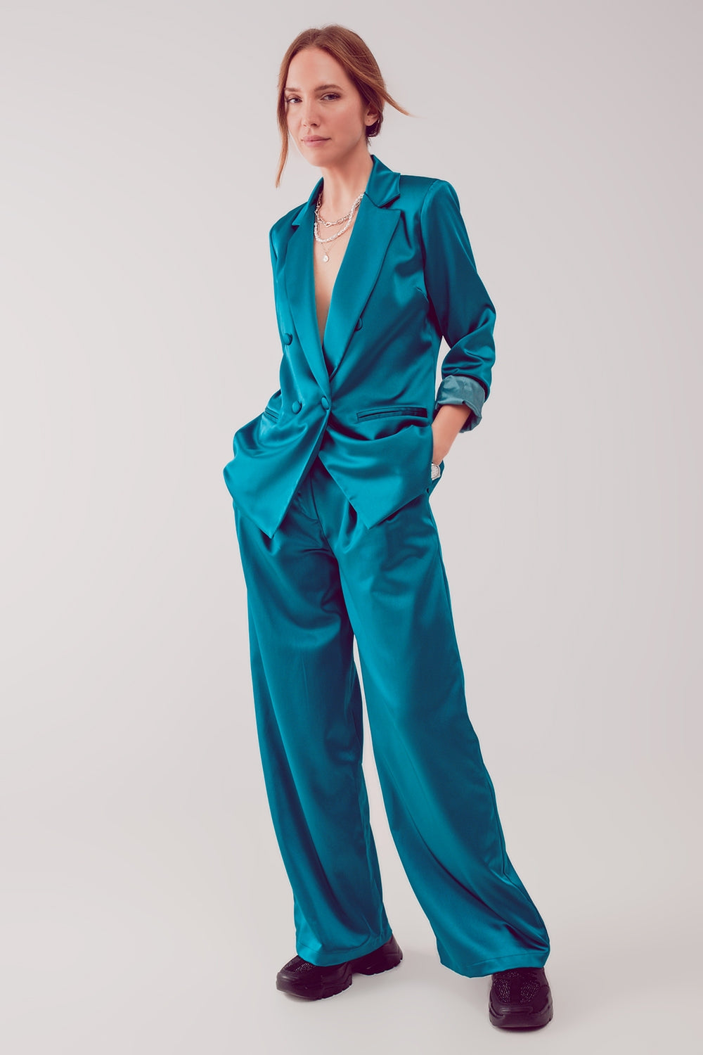 Pantalones palazzo con pinzas en turquesa Q2