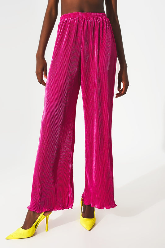 Q2 Pantalones plisados de satén fucsia