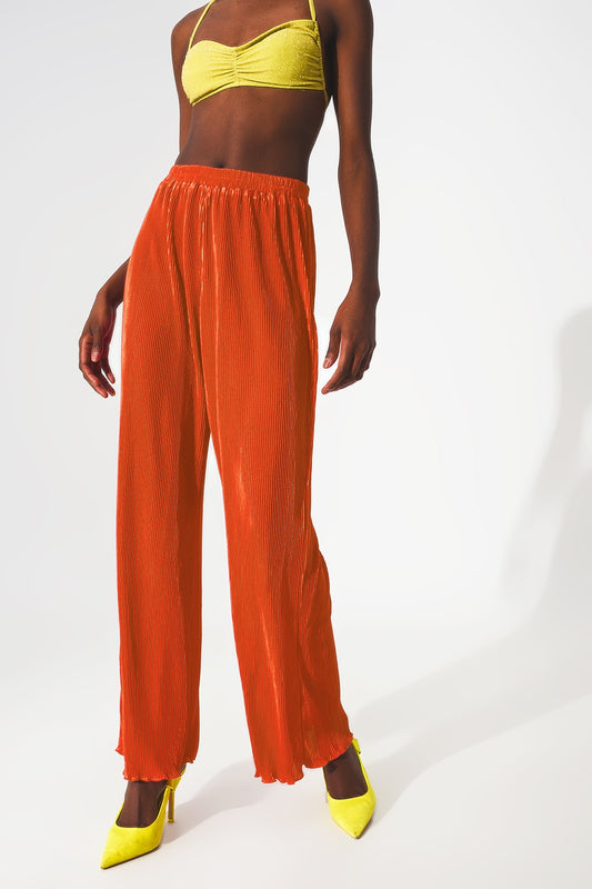 Q2 Pantalones plisados de satén naranja