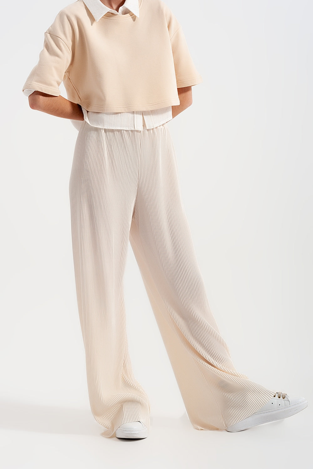 Pantalones plisados estilo culottes en color crema Q2