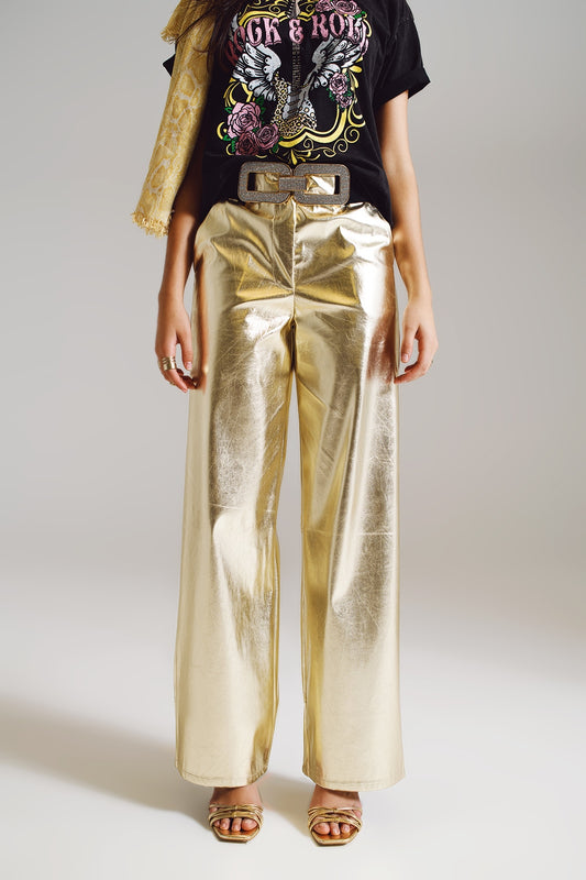 Q2 Pantalones rectos metálicos en dorado