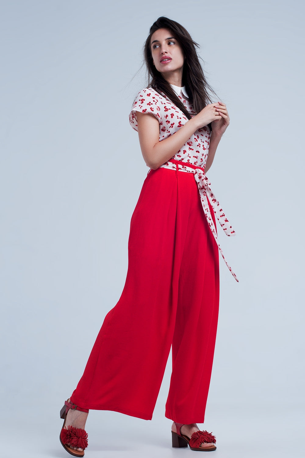 Pantalones rojos plisados de pernera ancha con lazada en la cintura Q2