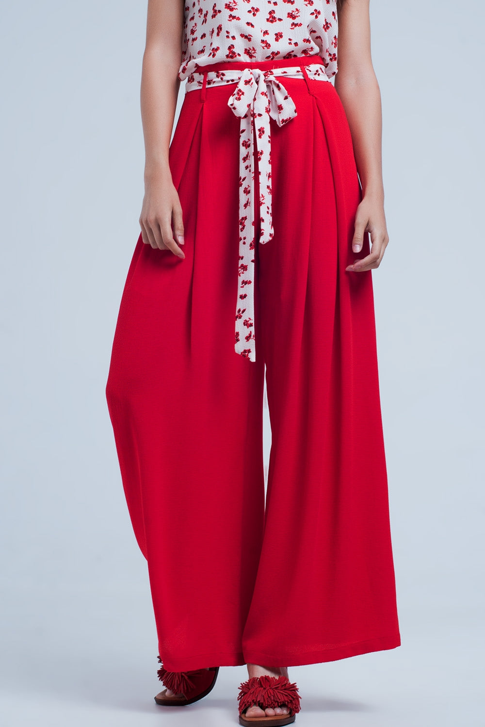 Pantalones rojos plisados de pernera ancha con lazada en la cintura Q2