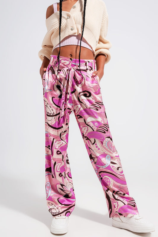 Q2 Pantalones rosa de pernera ancha con cinturón