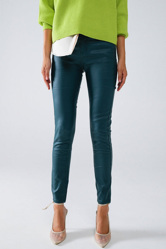 Q2 Pantalones super pitillo de piel sintética verde oscuro