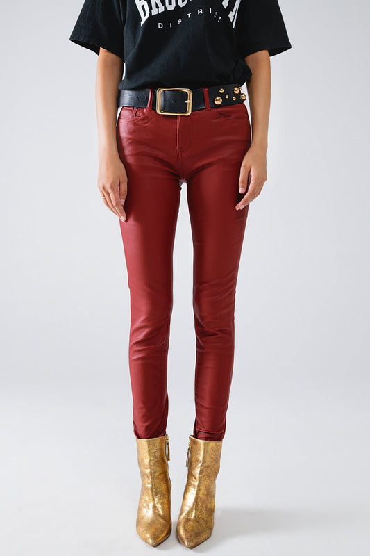 Q2 Pantalones super skinny de piel sintética burdeos