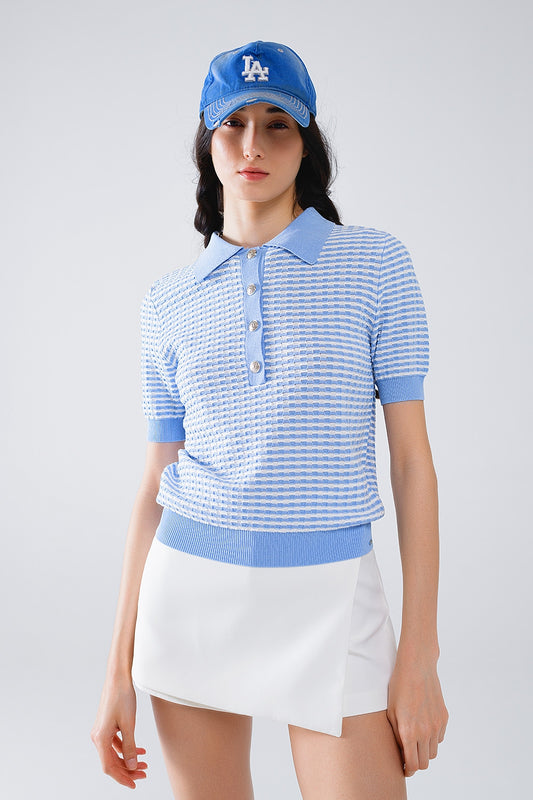 Q2 Polo De Manga Corta Azul Con Rayas Blancas