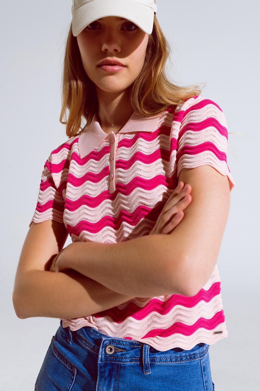 Polo rosa con rayas onduladas fucsia Q2