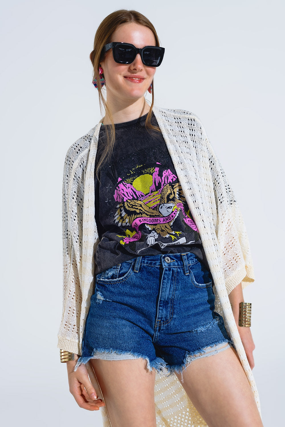 Poncho Crema Estilo Boho Con Punto Pointelle A Rayas Y Detalles De Flecos Q2
