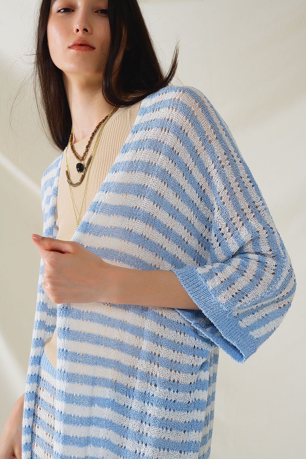 Rebeca Azul Estilo Boho Con Punto Pointelle A Rayas Y Detalles De Flecos Q2