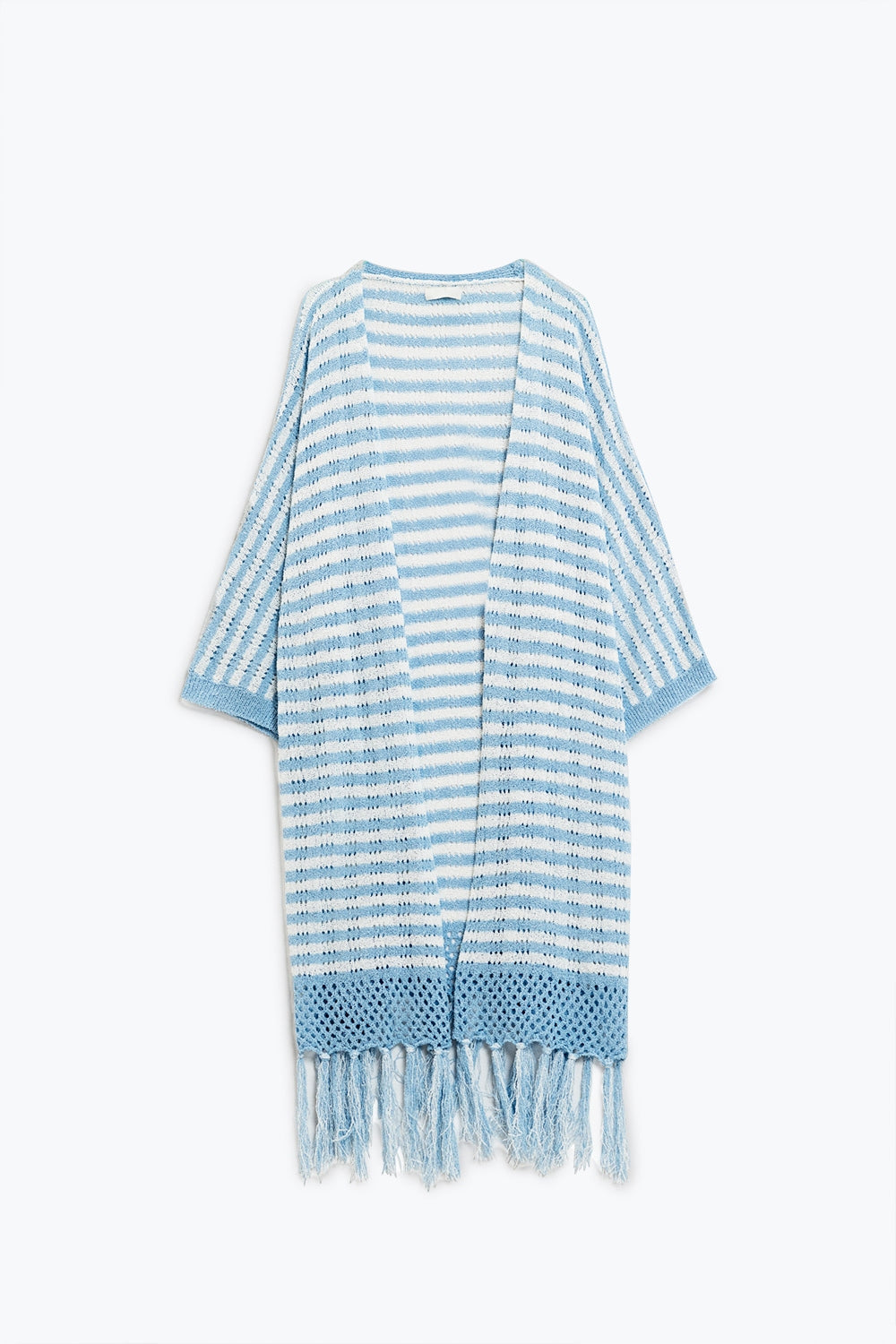 Rebeca Azul Estilo Boho Con Punto Pointelle A Rayas Y Detalles De Flecos Q2