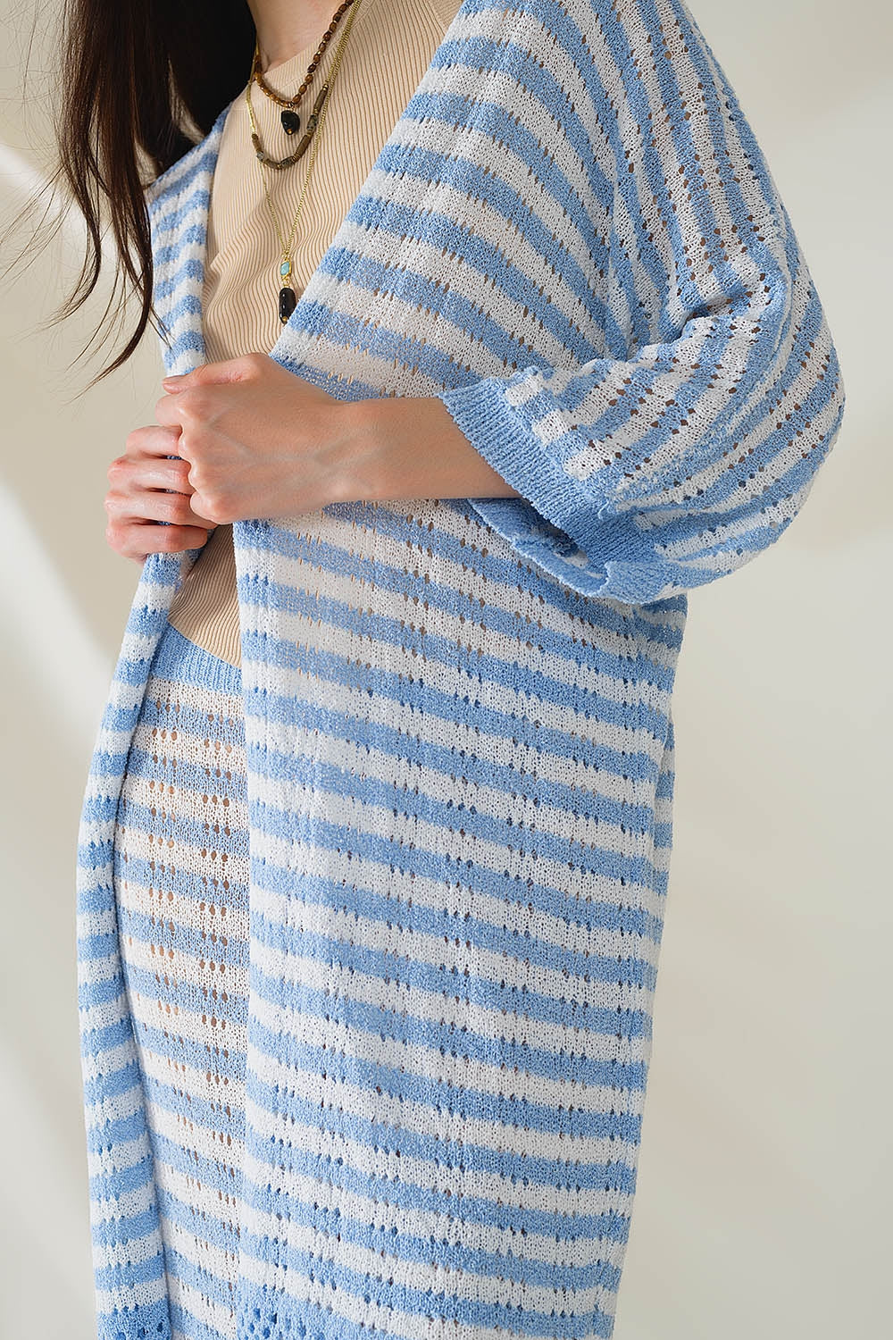 Rebeca Azul Estilo Boho Con Punto Pointelle A Rayas Y Detalles De Flecos Q2