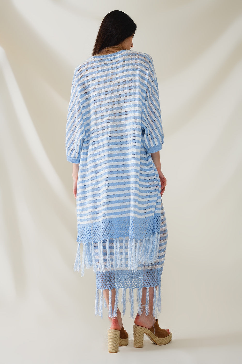 Rebeca Azul Estilo Boho Con Punto Pointelle A Rayas Y Detalles De Flecos Q2