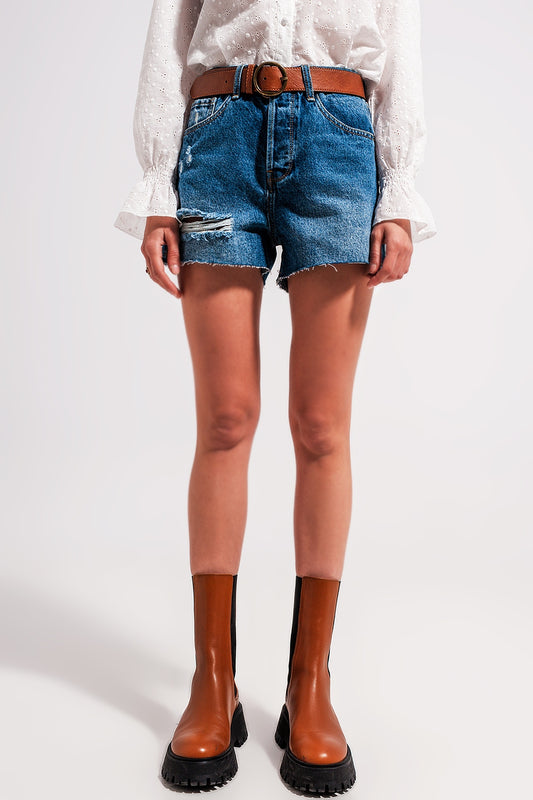 Q2 Shorts vaqueros con lavado medio de talle alto con diseño rasgado