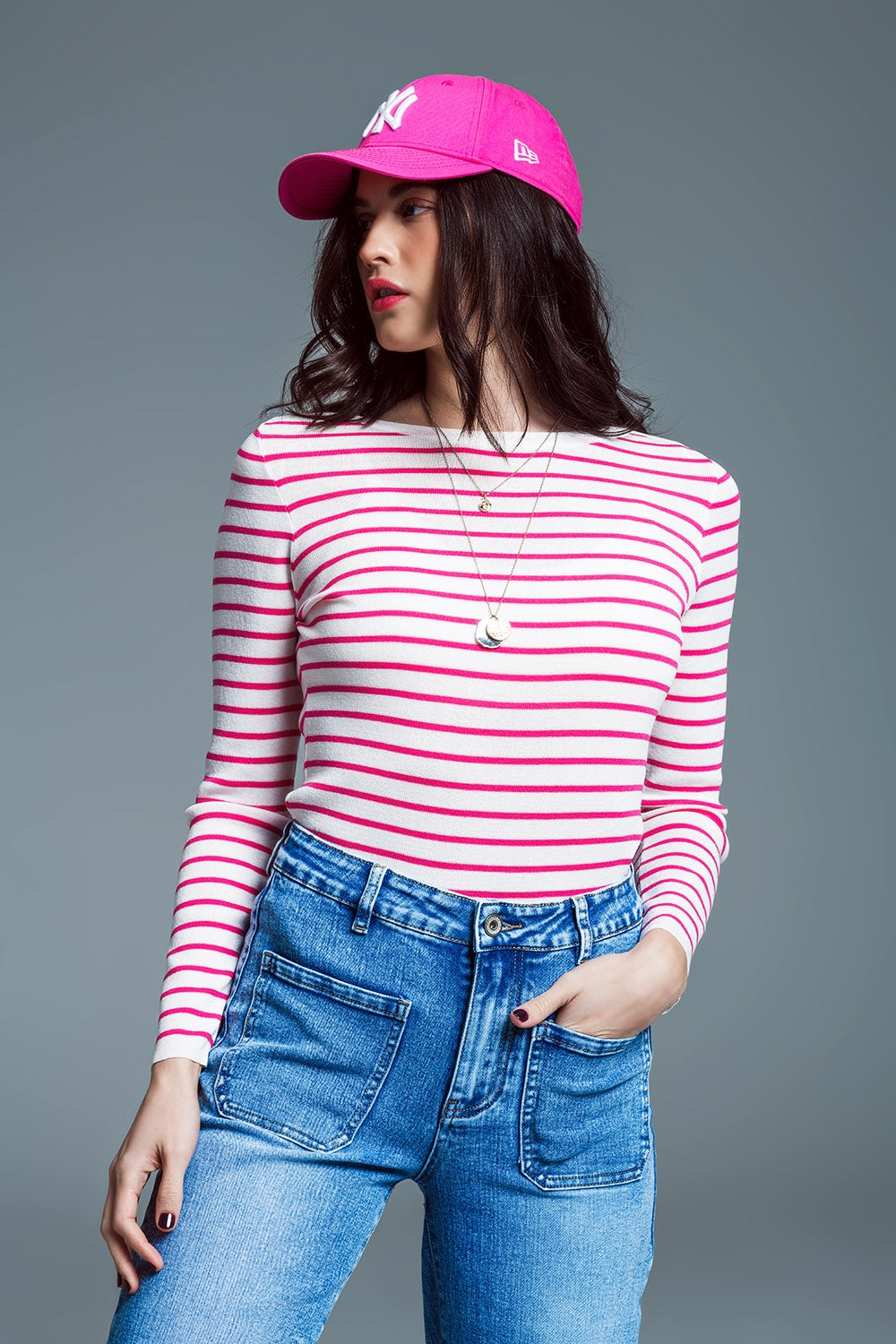 Slim Fit Suéter De Punto Fino Con Cuello Barco En Blanco Con Rayas Fucsia Q2