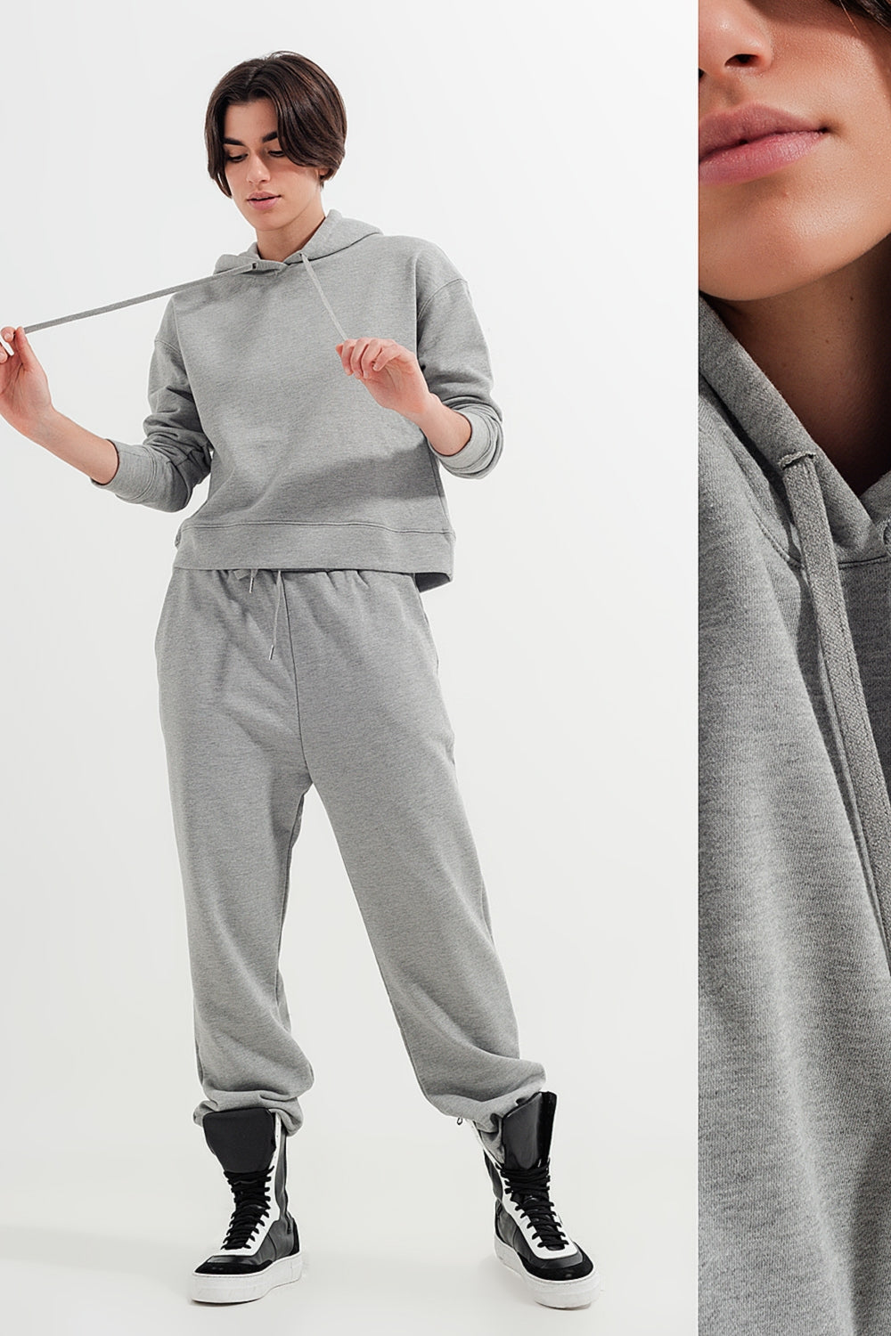 Sudadera basica gris con capucha y cordones Q2