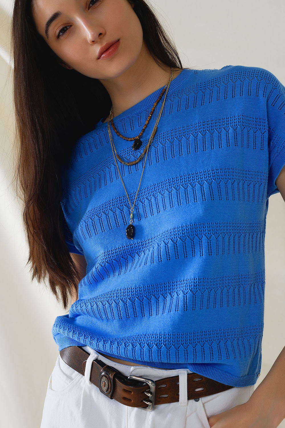 Sudadera En Azul Con Diseño De Encaje Y Mangas Cortas Q2