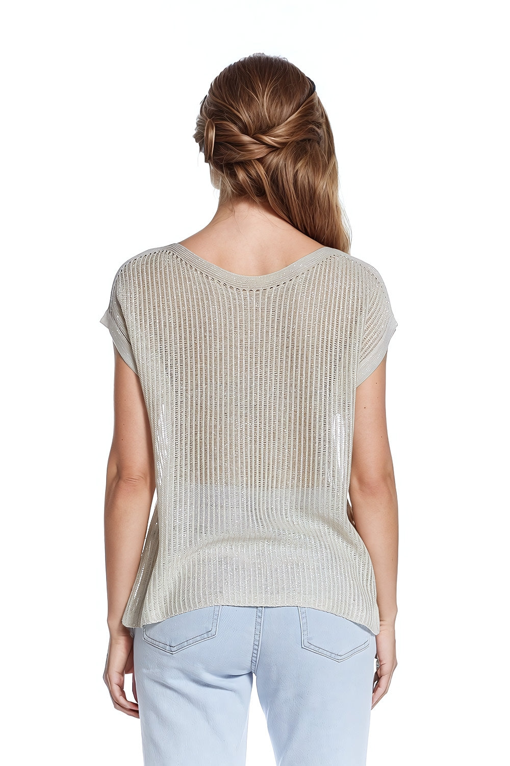 Suéter acanalado de cuello bote con mangas cortas en beige Q2