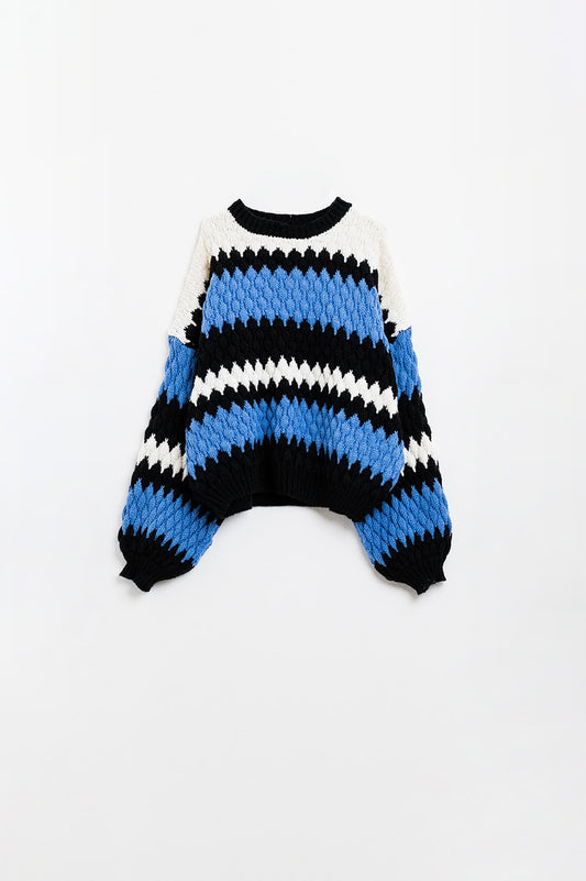 Q2 Sueter acogedor azul blanco y negro