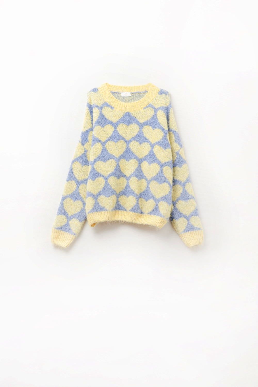 Q2 Suéter azul extragrande súper suave con corazones amarillos