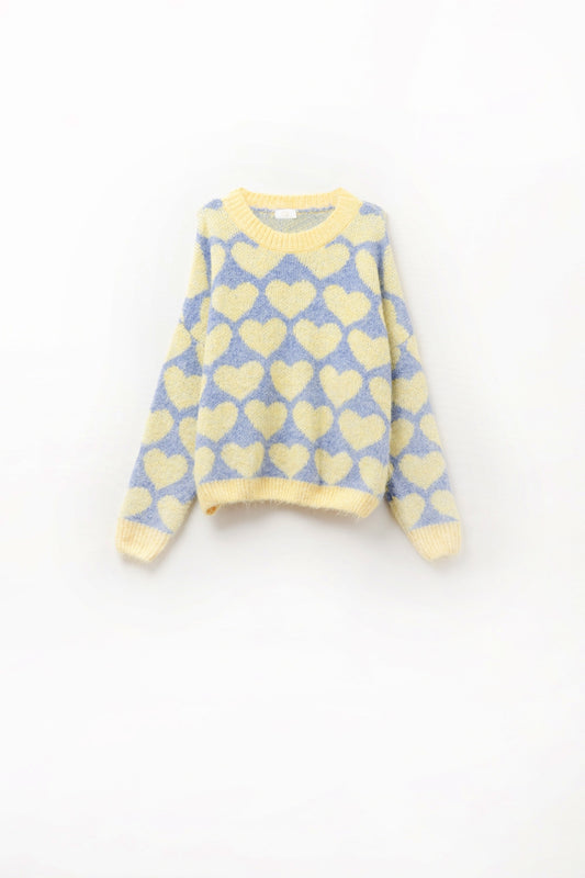 Q2 Suéter azul extragrande súper suave con corazones amarillos