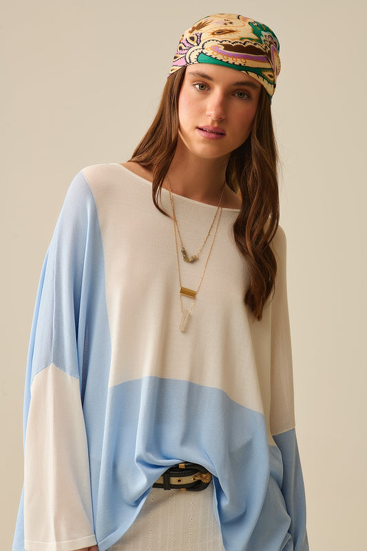 Q2 sueter color block con mangas de murcielago En Blanco y azul