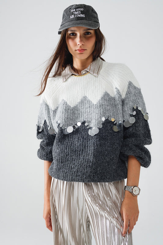 Q2 Suéter con diseño de espiga y detalles de lentejuelas en gris