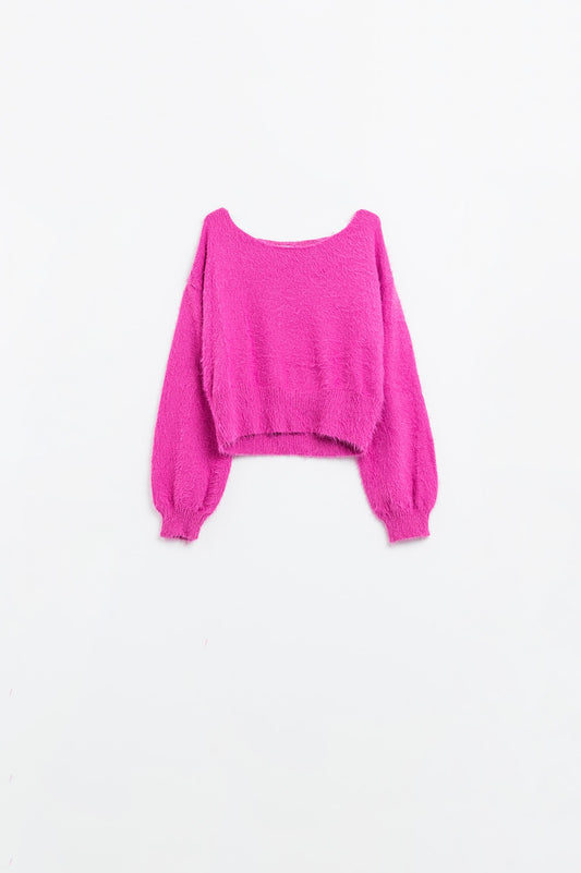 Q2 suéter corto esponjoso en fucsia ajustado a la cintura