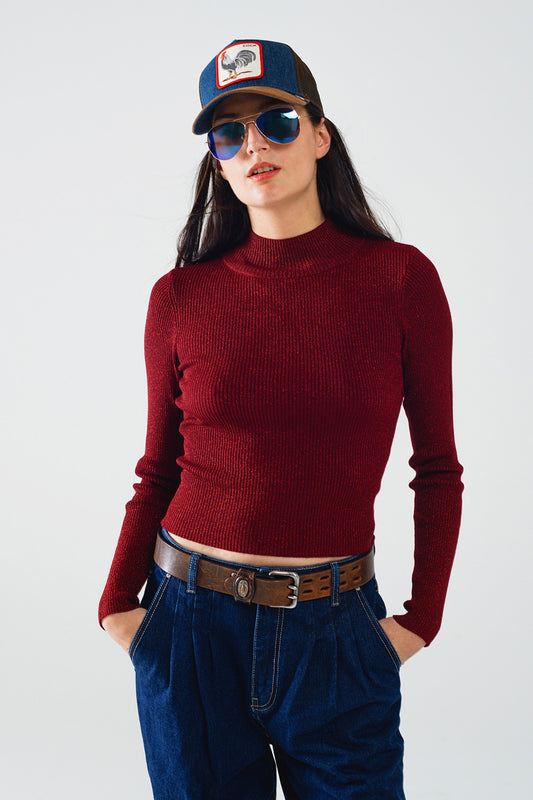 Q2 Sueter de cuello alto y manga larga con purpurina roja brillante