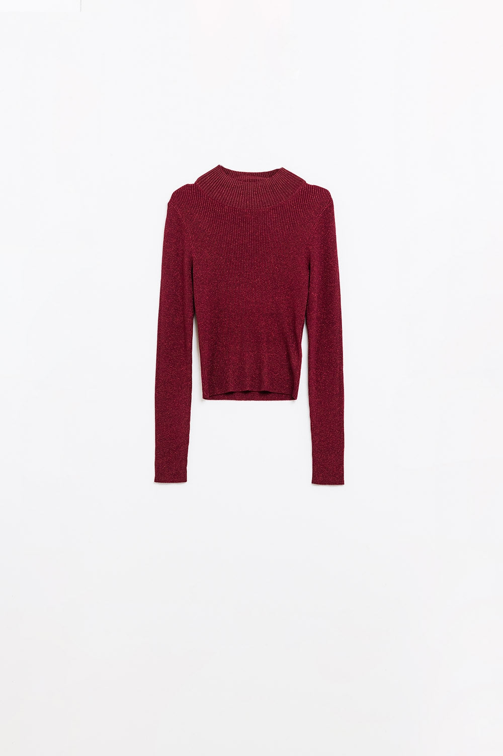 Sueter de cuello alto y manga larga con purpurina roja brillante Q2